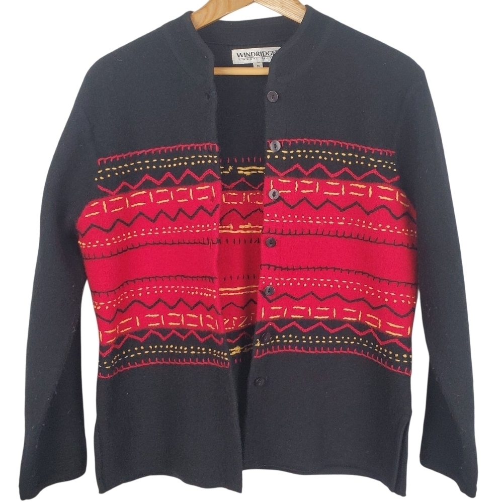 Vntg Windridge Black and Red Patterned Cardigan. 100% Merino Wool. MED. #0164